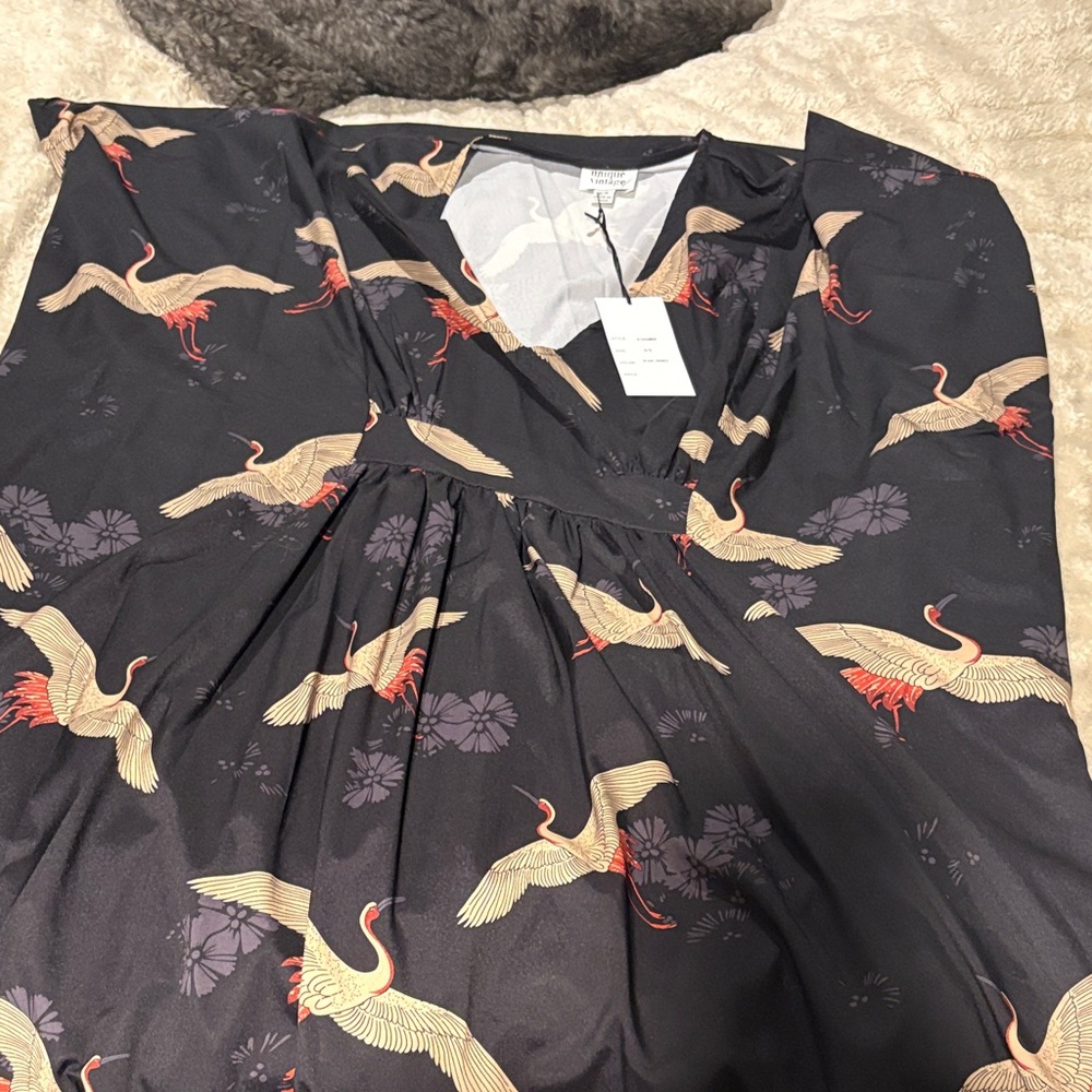 Unique Vintage Black and Gold Kimono with Crane Design